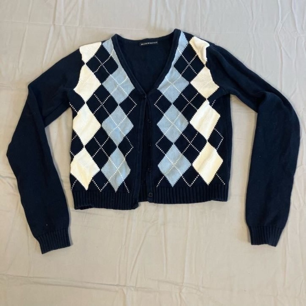 Brandy Melville Knit Cardigan Sweater Womens Navy Blue Argyle Print Soft Cozy XS